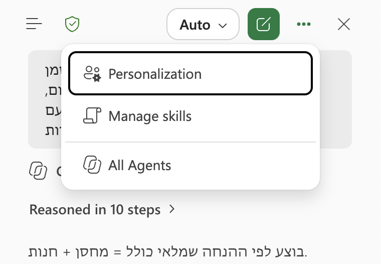 חלונית Copilot באקסל, שלוש הנקודות פתוחות ובתוכן Personalization