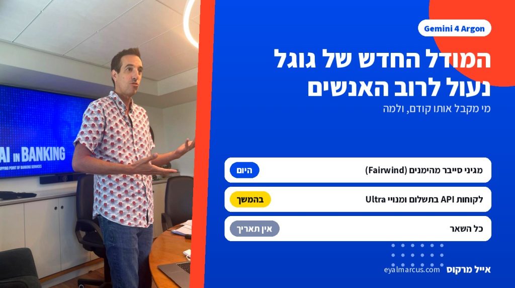 אייל מרקוס מרצה על במה, לצד גרפיקה של שלוש דרגות גישה למודל Gemini 4 Argon: מגינים מהימנים, לקוחות בתשלום וכולם